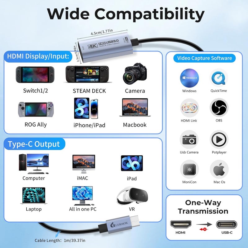 Guermok Switch Capture Card, Stream and Record in 4K@60FPS, 1080P@240FPS, 3.3ft, USB3.0 HDMI to USBC Video Capture Card for Streaming, Works with iPad, Switch 2/1, PS5/4, Quest 3/Mac/PC/OBS/Xbox - Image 3